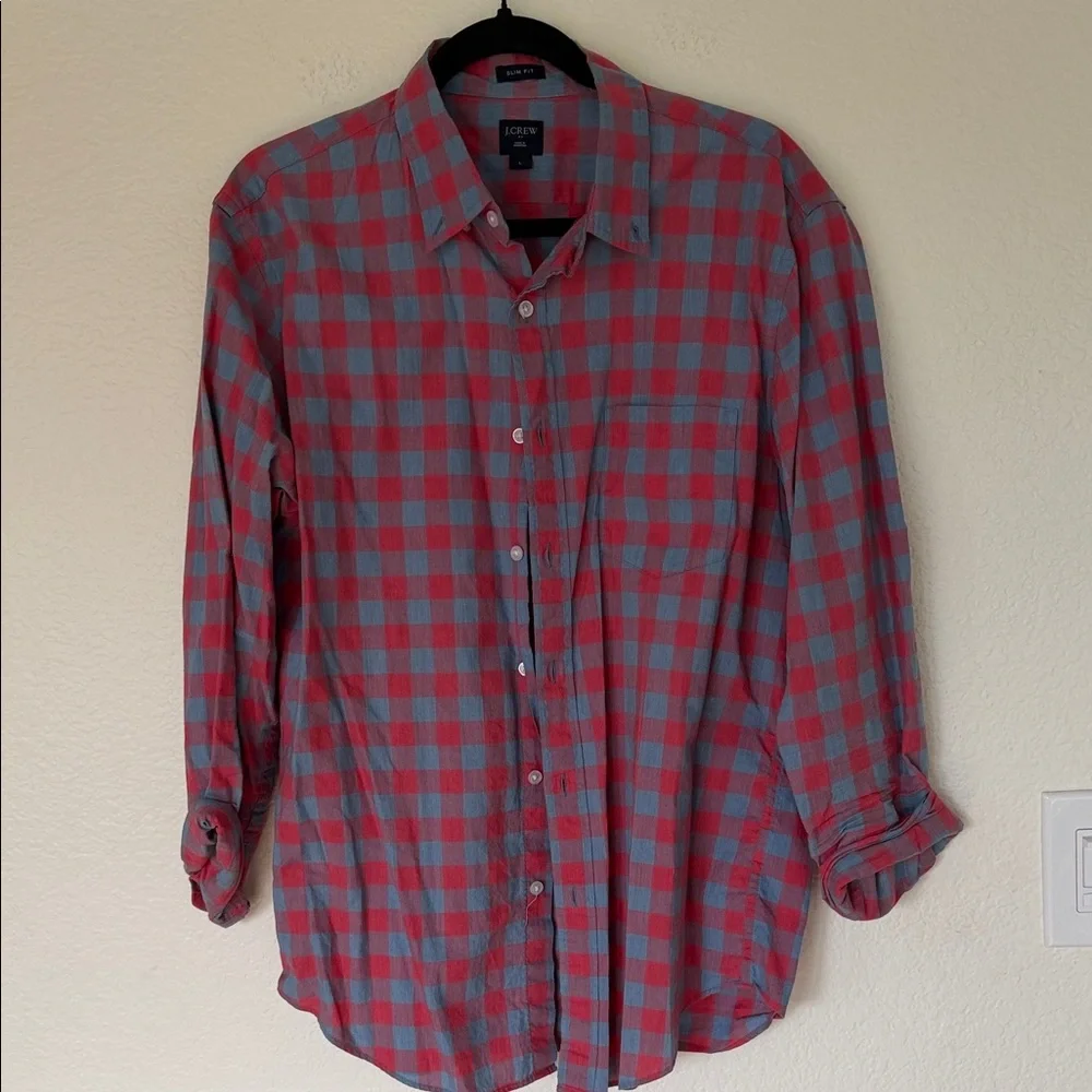 J. Crew Men's Red and Blue Plaid Shirt